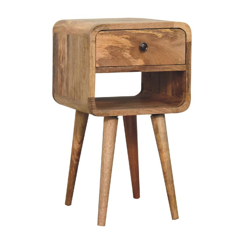 Mini Oak Curve Nightstand with Drawer and Open Slot