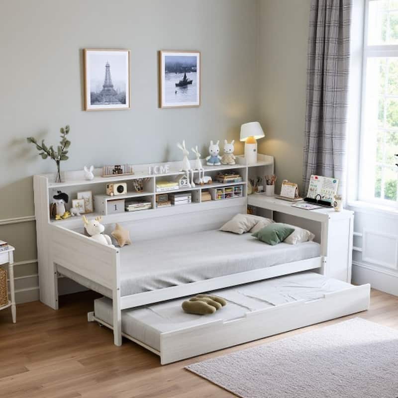 Full Size Daybed with Storage Shelves, Multi-Functional Bed with Twin Trundle and Built-In Study Desk, Space-Saving Design - Antique White - Twin