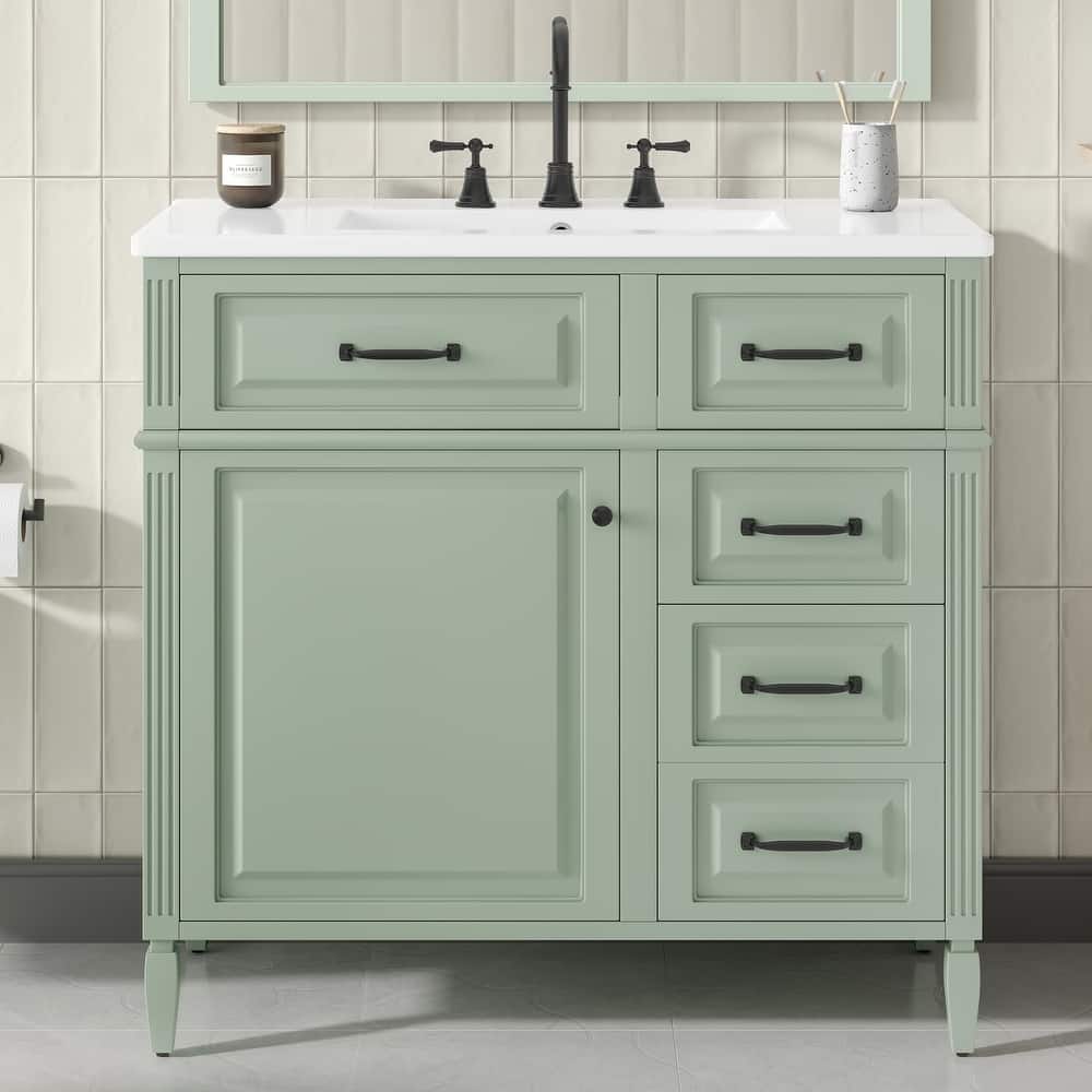 Roomfitters 36" Bathroom Vanity with Sink, Solid Wood Legs, 4 Drawers & Soft-Close Door with Storage Rack