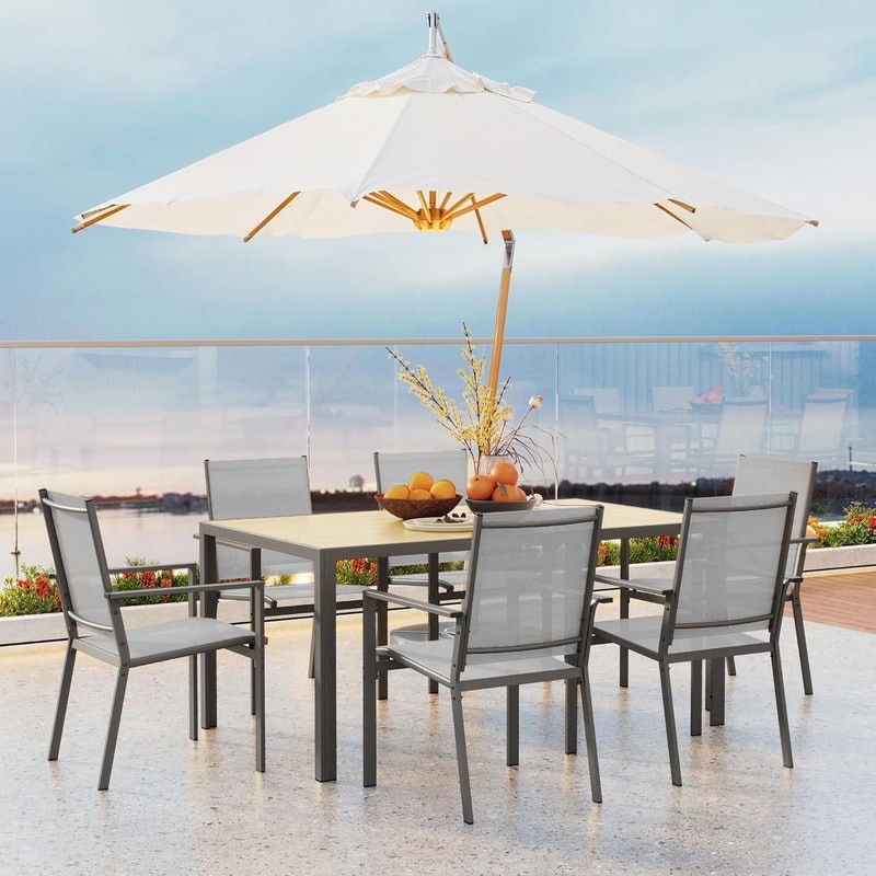 commercial patio tables with sun umbrella PatioKingdom 9FT Outdoor Umbrella, Autotilt The teak wood tabletop features a central umbrella hole and pairs beautifully with 8 aluminum chairs featuring teak wood accents EliteShade USA 10-Year-Non-Fading 9ft Market