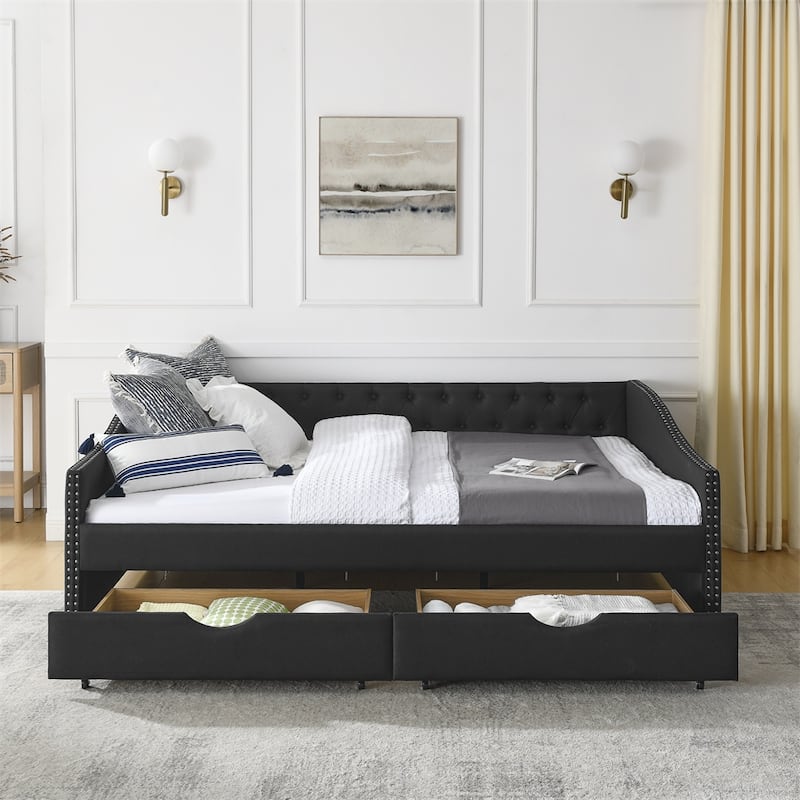 Queen Size Upholstered Tufted Daybed with Drawers and Copper Nail