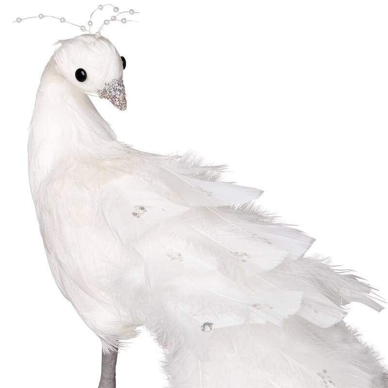 Jeweled and Glittered Peacock Christmas Decoration with Faux Pearls - 24" - White