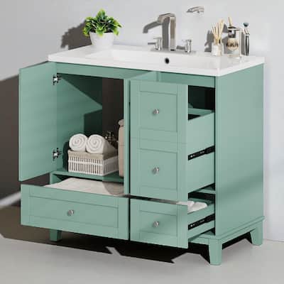 36 Inch Modern Bathroom Vanity with Sink, USB Charging Drawer, 2 Doors 3 Drawers, Green Cabinet, No Faucet