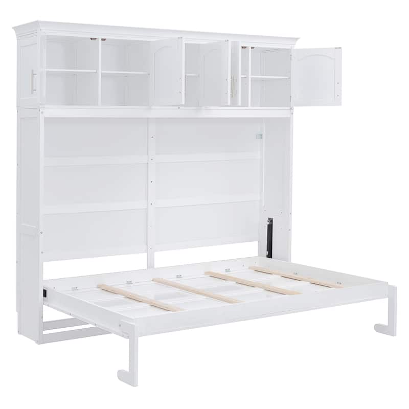 White Queen Size Multi-function Murphy Bed with Top Cabinets for Apartments