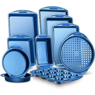 10-Piece Kitchen Oven Baking Pans - Deluxe Carbon Steel Bakeware Set with Stylish Non-stick Blue Coating Inside