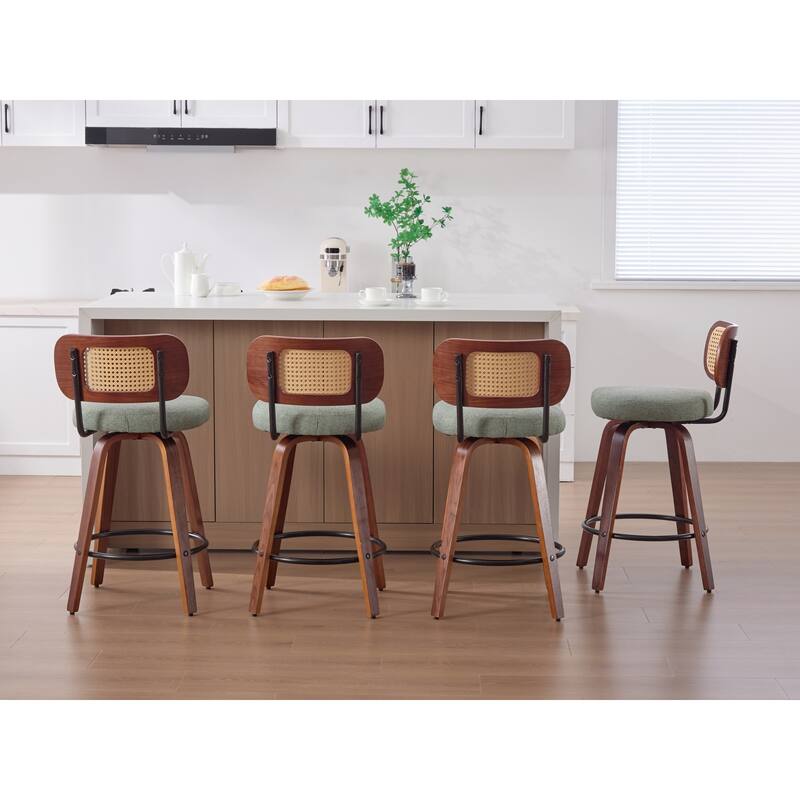Roomfitters Upholstered Swivel Bar Stools Set of 2 with Rattan Back and Wood Legs, Modern Counter Height Dining Chairs