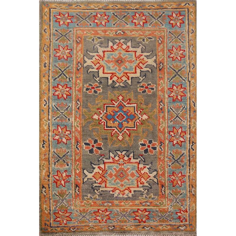 Gray Geometric Kazak Oriental Accent Foyer Rug Handmade Wool Carpet - 2'0"x 3'0"