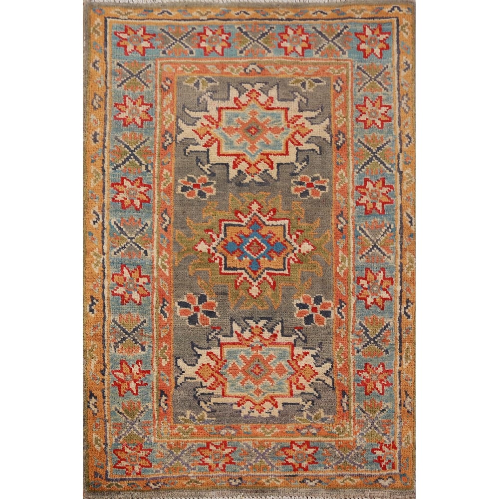 Gray Geometric Kazak Oriental Accent Foyer Rug Handmade Wool Carpet - 2'0"x 3'0"