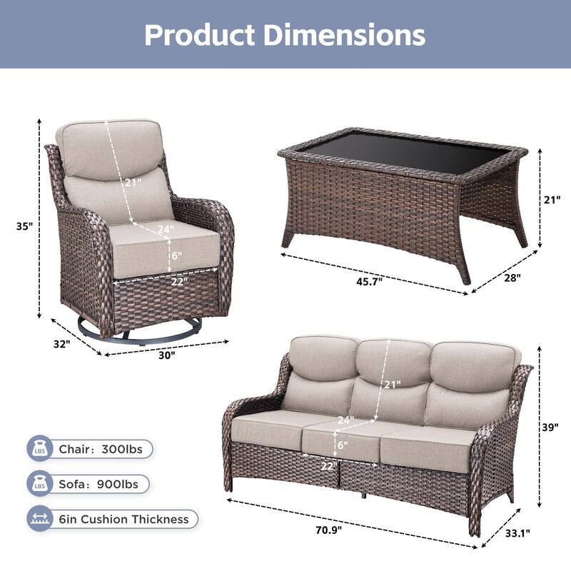 Arcadia 4-Piece Wicker Outdoor Patio Conversation Set with Swivel Gliders and 6-Inch Thick Olefin Cushions
