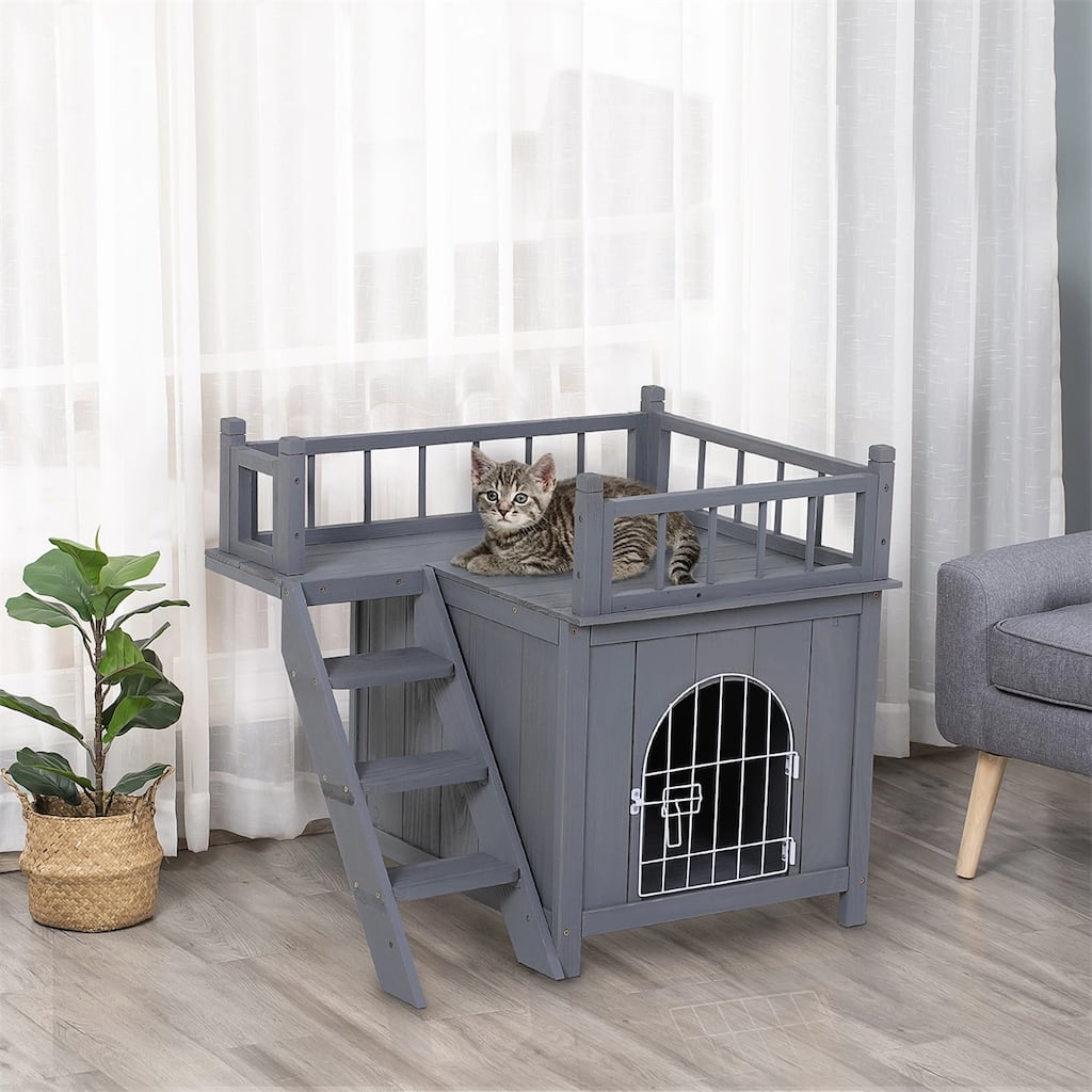2-Level Wooden Cat House Outdoor With Lockable Wire Door - 28.75" L x 20.5" W x 25.75" H