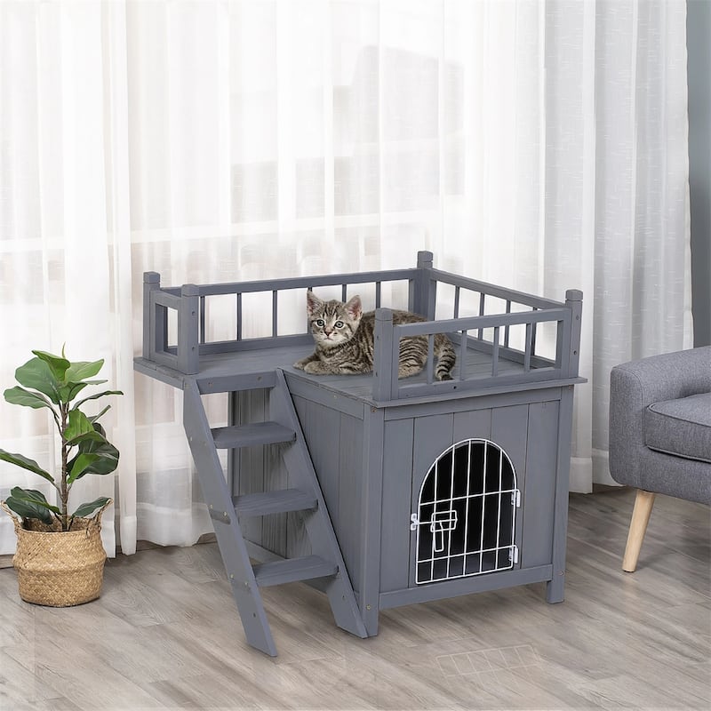 2-Level Wooden Cat House Outdoor With Lockable Wire Door - 28.75" L x 20.5" W x 25.75" H - Grey