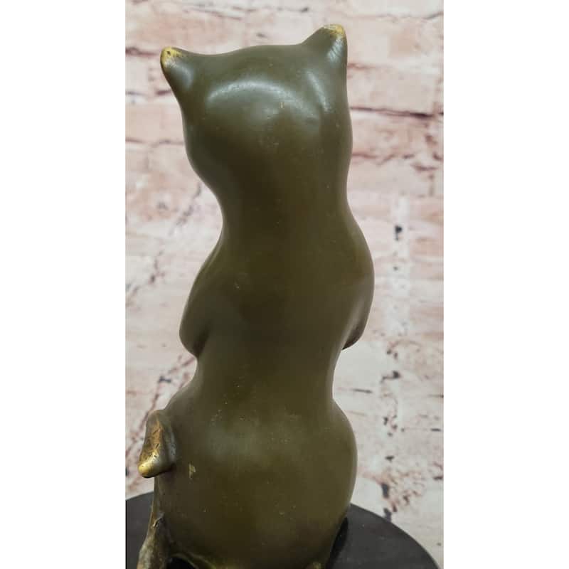 Whimsical Imitative Cat Playing Clarinet Bronze Sculpture On Marble Base