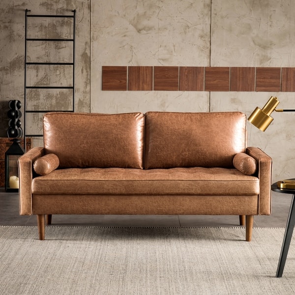 Ovios High Back Couch Mid Century Spring Top Grain Leather Wood Legs Sofa Overstock 32076618