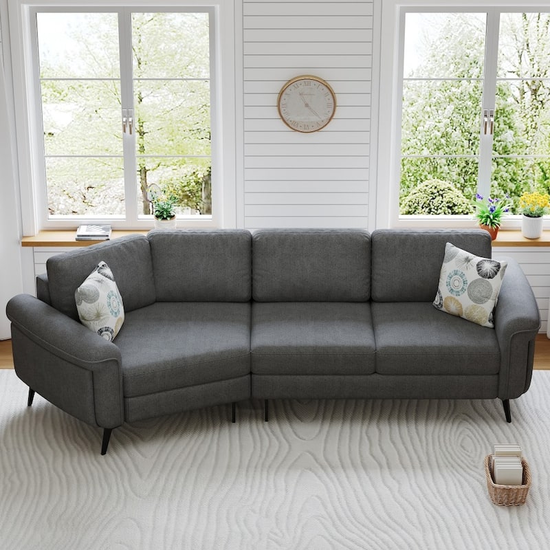 111" Modern Upholstered 3-seater Curved Sofa Couch with 2 Printed Pillows for Living Room - Dark Grey