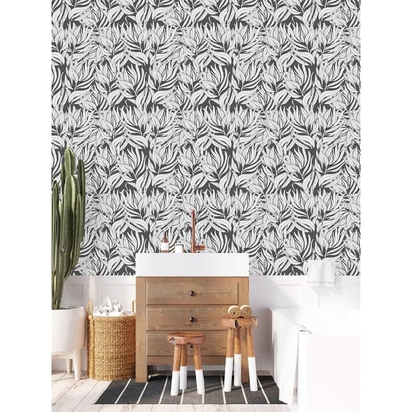 Dark Grey Wallpaper with Leaves Peel and Stick and Prepasted - Bed Bath ...