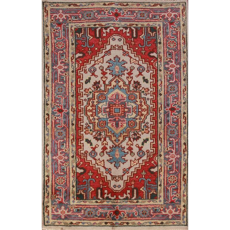 Geometric Heriz Serapi Indian Foyer Rug Hand-Knotted Wool Carpet - 3'0"x 4'11"