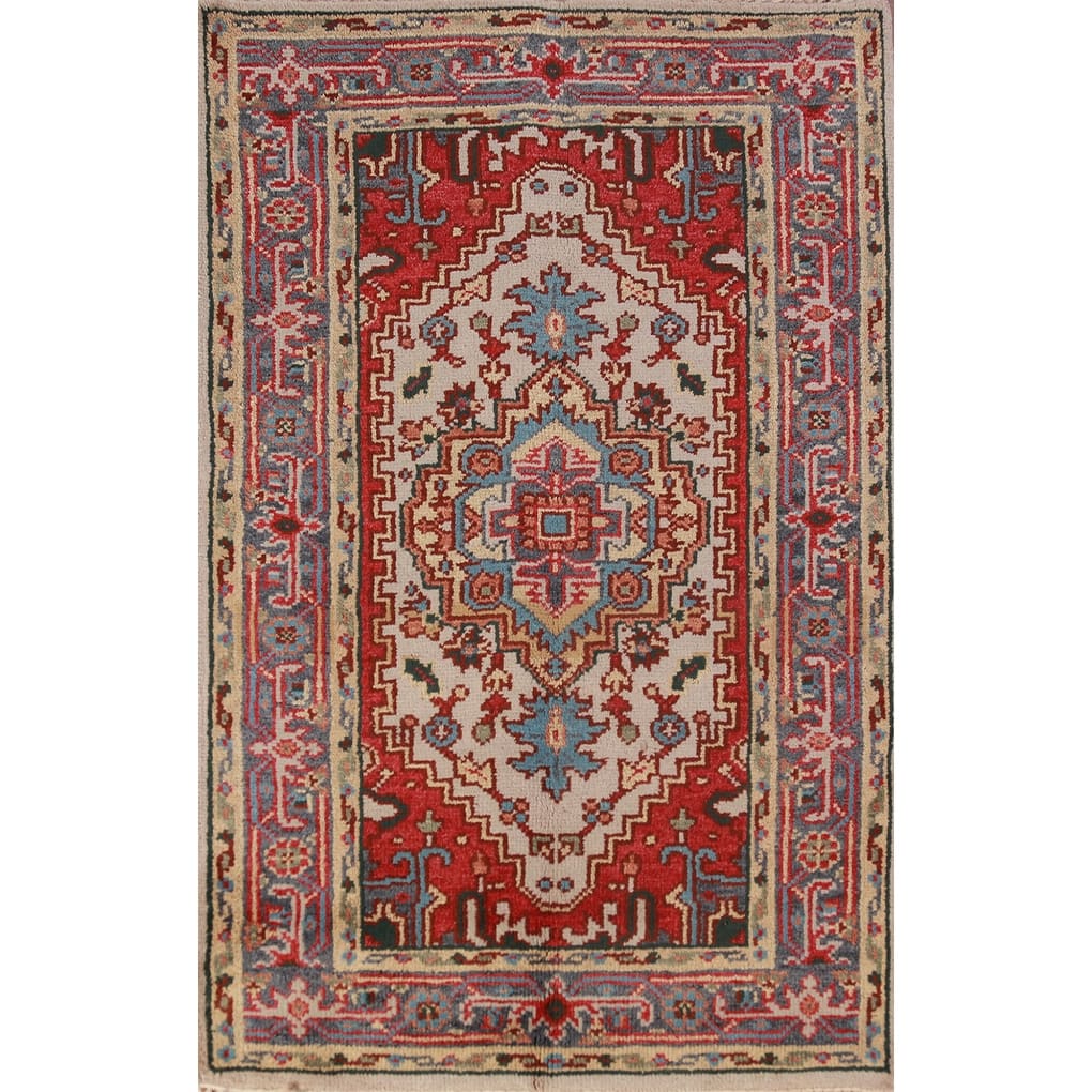 Geometric Heriz Serapi Indian Foyer Rug Hand-Knotted Wool Carpet - 3'0"x 4'11"