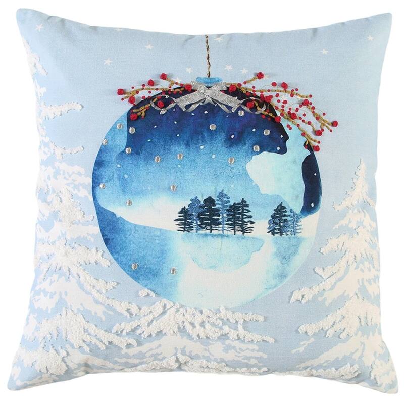 HomeRoots 20" Blue Christmas Ornaments Cotton Throw Pillow