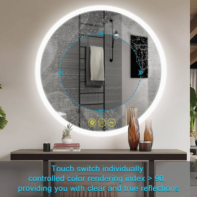 SmartReflect Modern 36" Round LED Dimmable Anti-Fog Frameless Bathroom Vanity Mirror - Clear