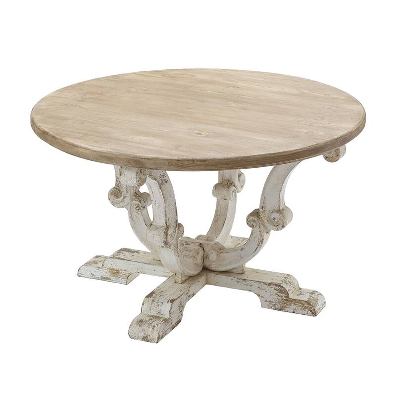 Round Wooden Coffee Table with Distressed White Finish and Scrollwork Legs