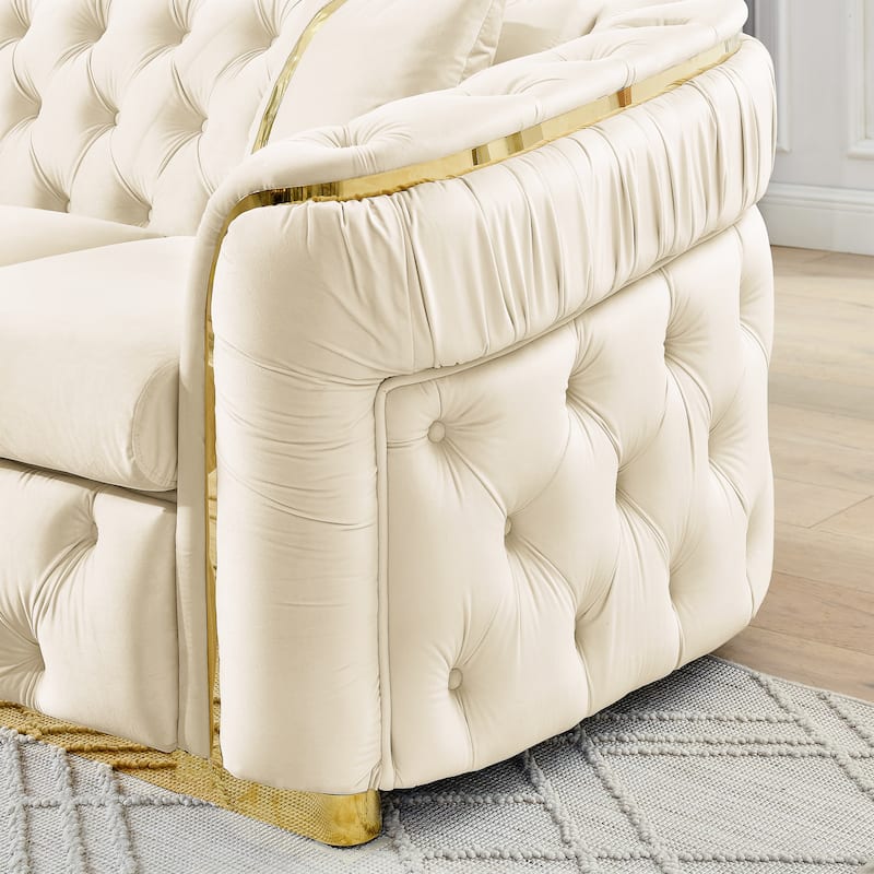 90.6 Inches 3 Seater Velvet Sofa with Gold Stainless Steel Accents and 2 Pillows, Beige