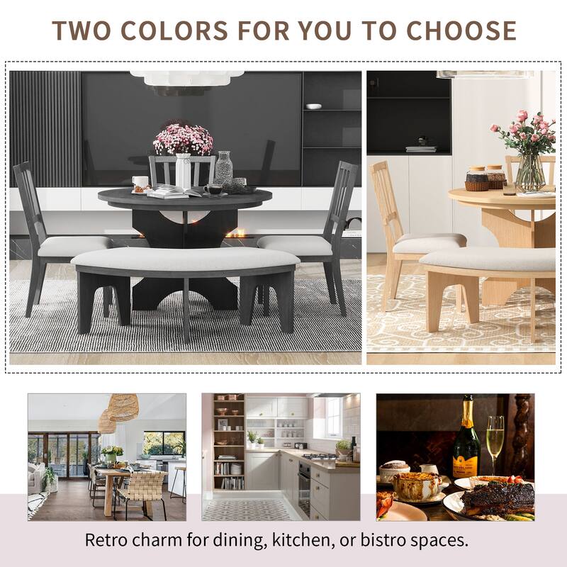 5-piece Round Dining Table Set with 3 Upholstered Chairs, Kitchen Table Set with Curved Bench for Dining Room