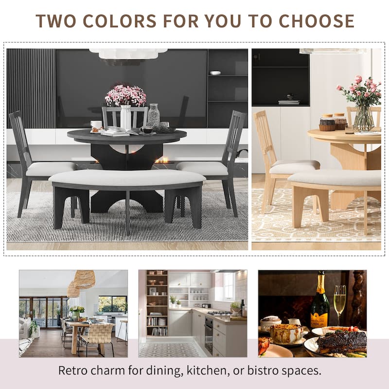 5-piece Rustic Charm Round Dining Set with 3 Upholstered Chairs and Curved Bench for Dining Room