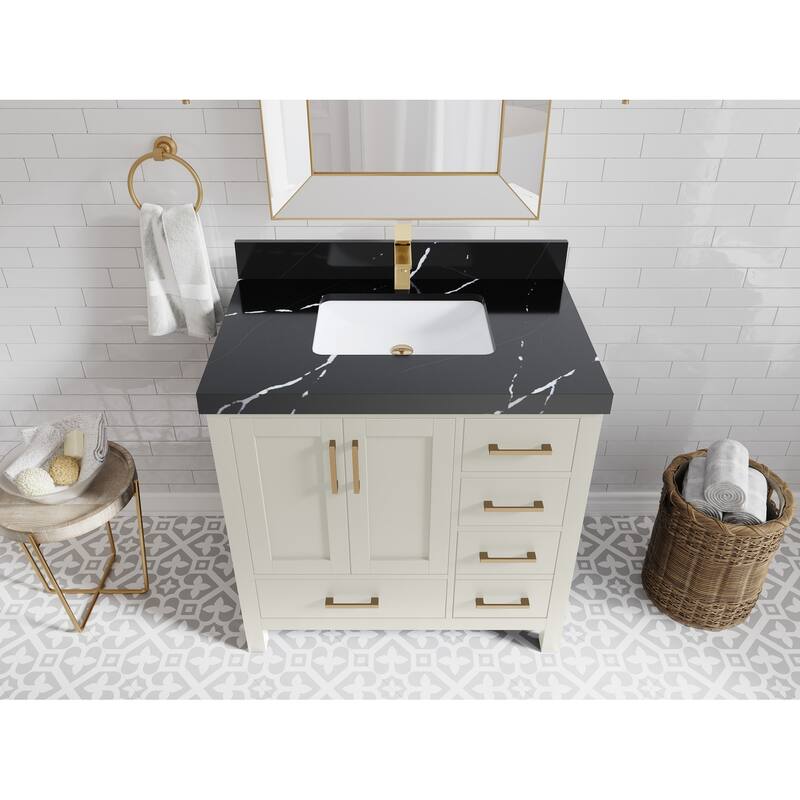 Willow Collections 36 in. W x 22 in. D Malibu Center Sink Left Bathroom Vanity with Countertop - 2" Calacatta Black - FineGrain