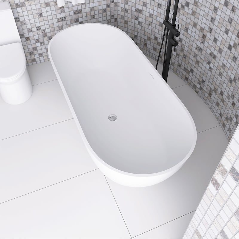 60"/69" Solid Surface Freestanding Bathtub in Matte White with Drain