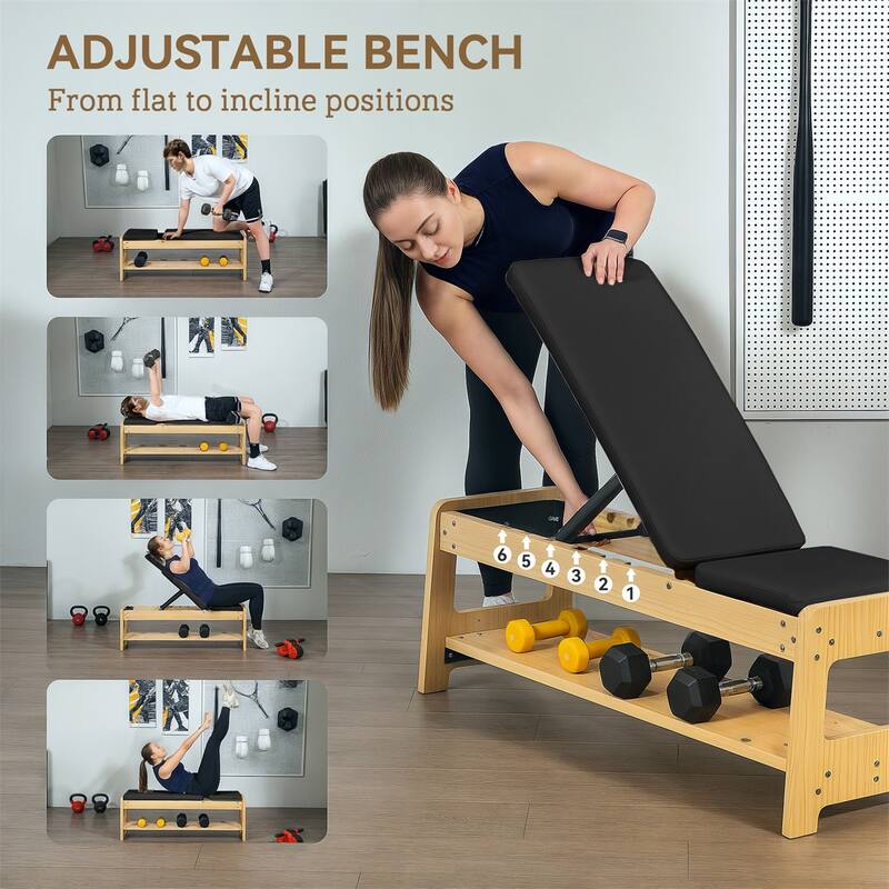 Adjustable Dumbbell PU Padding Bench with Storage Rack and Wood Frame for Home Gym - 46.9" L x 14.8" W x 16.9" -44.1" H