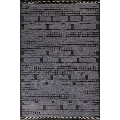 Black Blue Striped Moroccan Modern Area Rug Handmade Wool Carpet - 8'10"x 12'9"