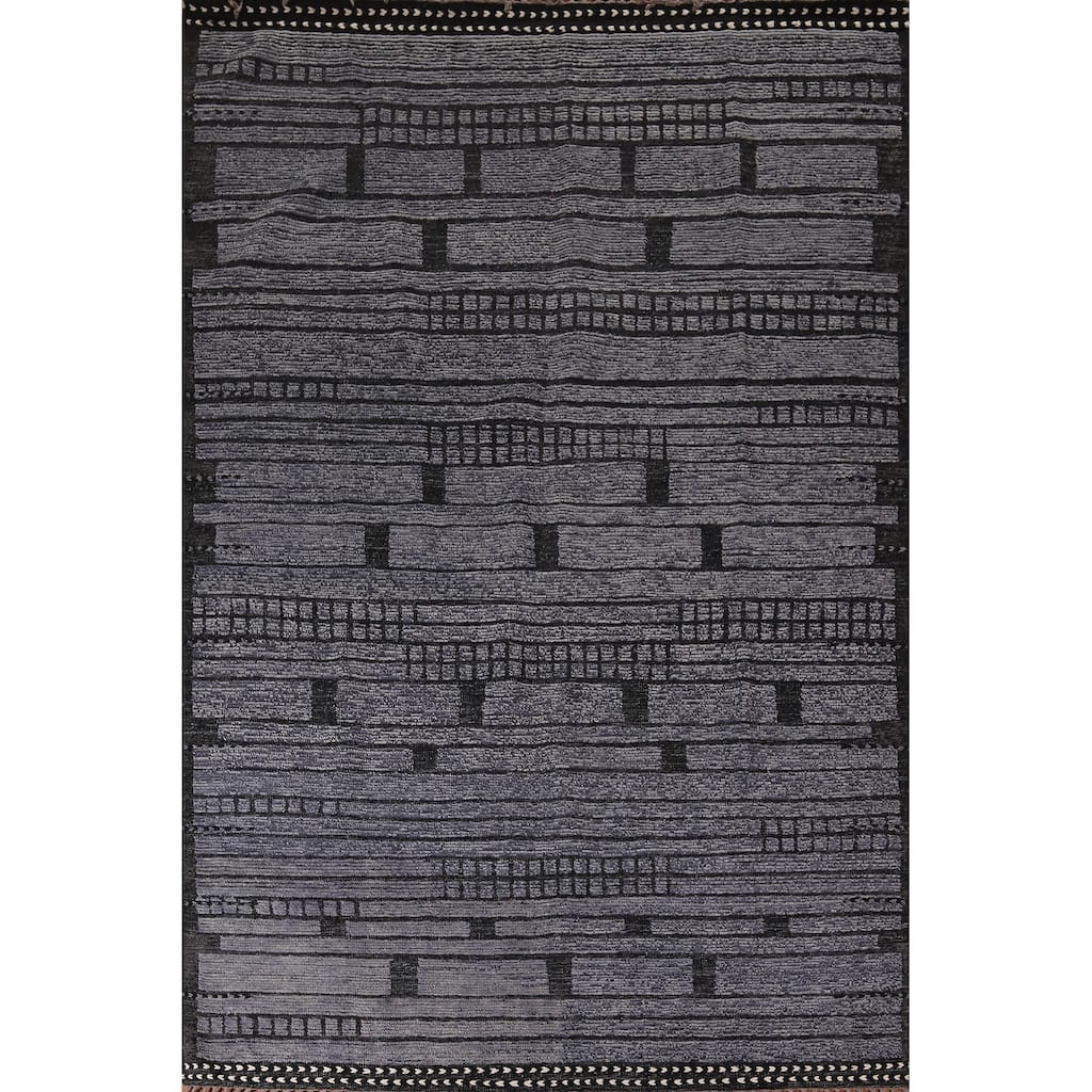 Black Blue Striped Moroccan Modern Area Rug Handmade Wool Carpet - 8'10"x 12'9"