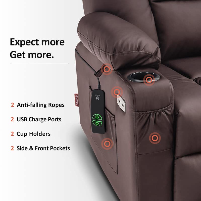 MCombo Large Lift Recliner Chair with Massage and Heat for Elderly, Extended Footrest, Cup Holders, USB Ports, Faux Leather 7539