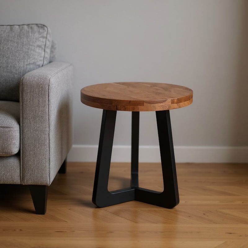 HomeRoots 24" Brown and Black Solid Wood And Iron Round Cross Legs End Table - 22.00 in. x 24.00 in. x 22.00 in. - Brown - Wood