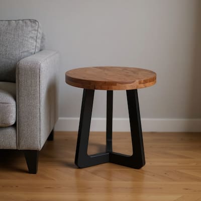 HomeRoots 24" Brown and Black Solid Wood And Iron Round Cross Legs End Table - 22.00 in. x 24.00 in. x 22.00 in.