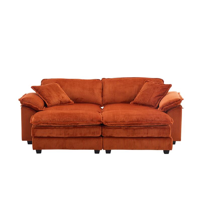 84.6" Corduroy 2-seats sofa With 2 back pillows,2 toss pillows and two ottoman