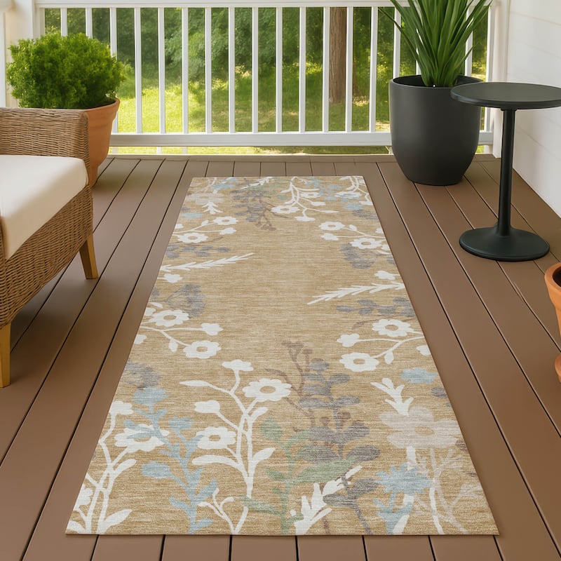 Machine Washable Indoor/ Outdoor Floral Border Chantille Rug - Gold - 2'3" x 7'6"