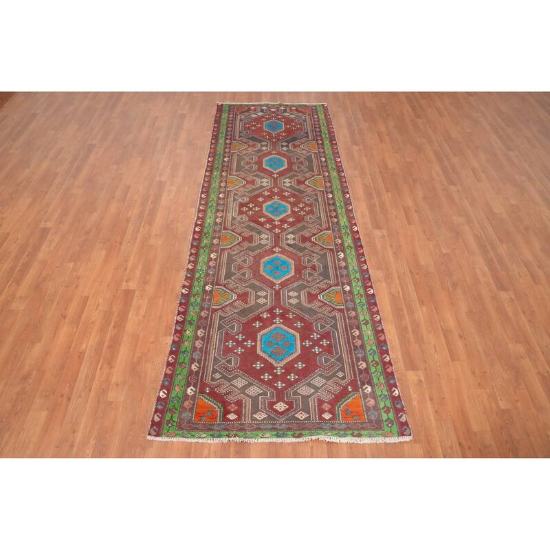 Hand Knotted Oriental 100% Wool Carpet Traditional Geometric Red Bakhtiari Runner Rug - 9' 11'' X 3' 6''