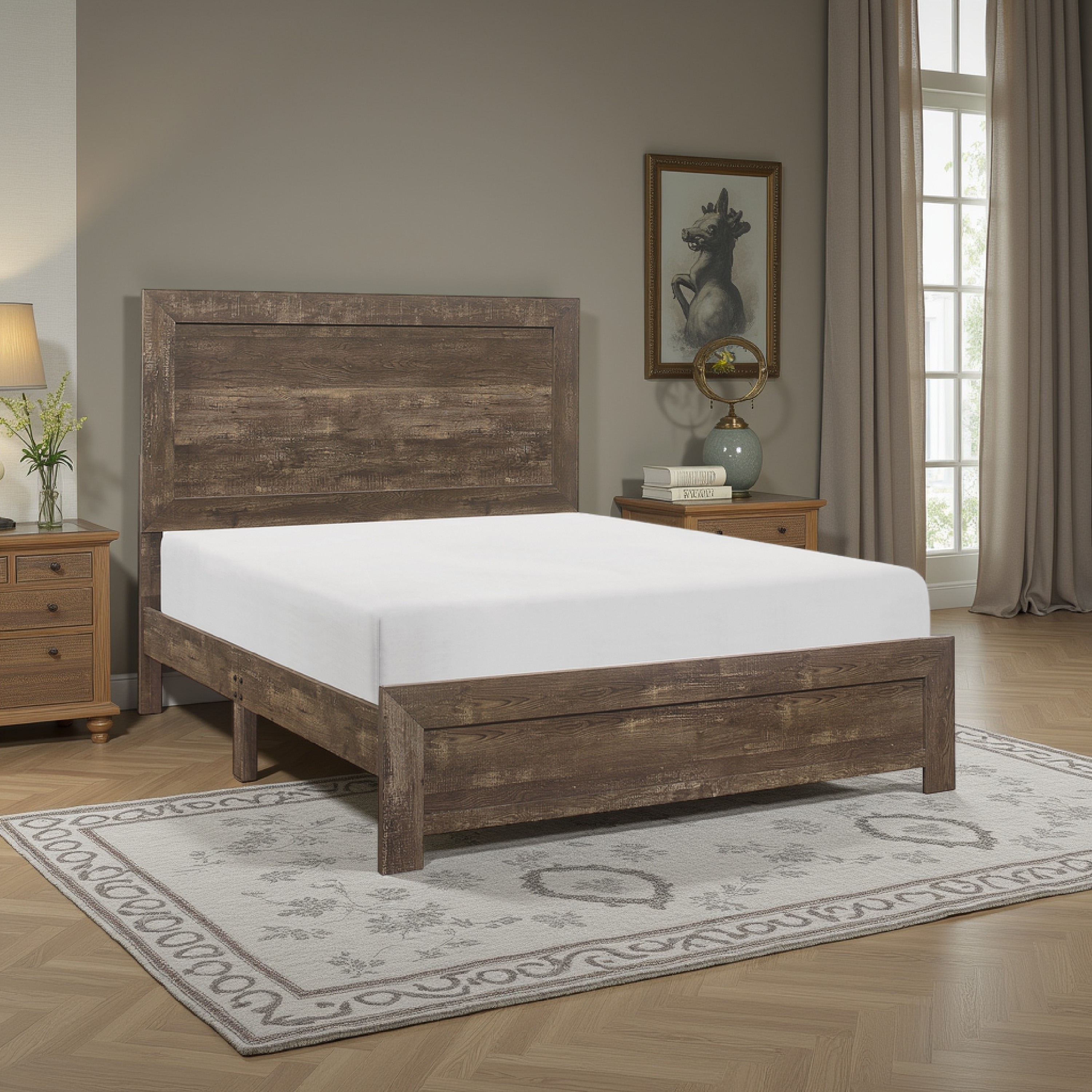 Benjara Rustic Panel Design Wooden Eastern King Size Bed with Block Legs, Brown
