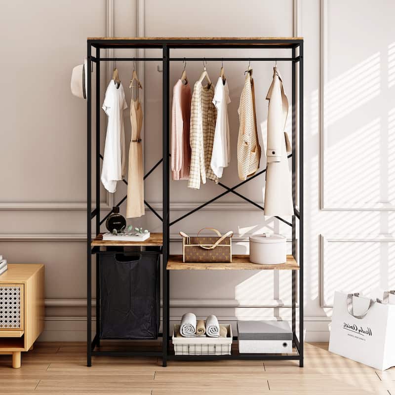 Portable Clothes Rack with Bottom Mesh Rack and Oxford Storage Bag - Black