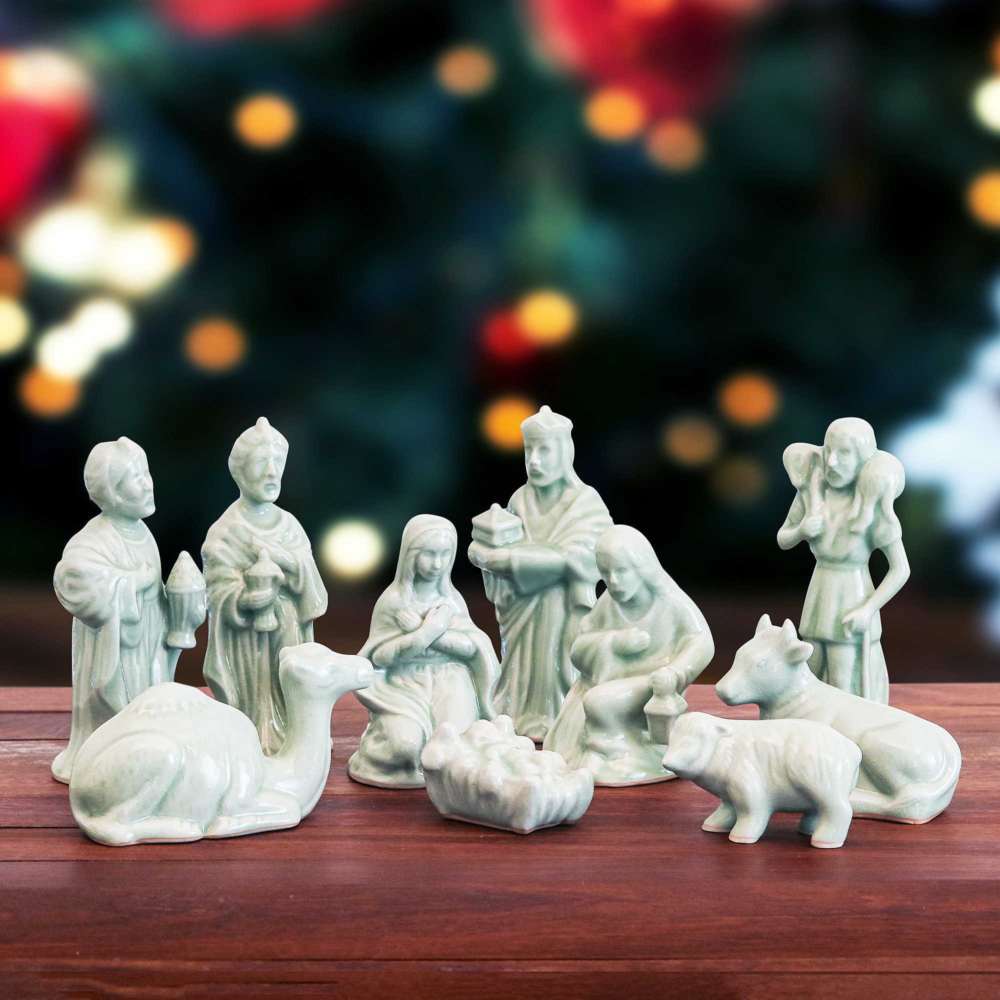 Novica Handmade Holy Night In Green Celadon Ceramic Nativity Scene (10