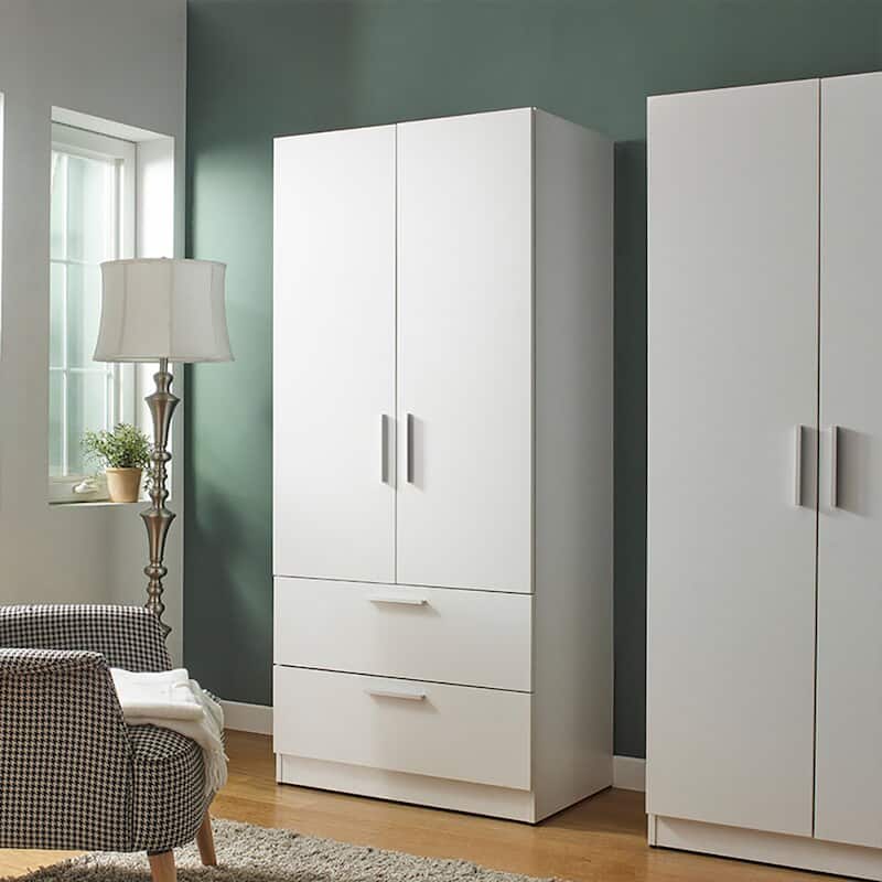 Emma Two-Door Wood Closet with Two Drawers and Hanging Bars in White - 78.7"H x 31.5"W x 21.7"D