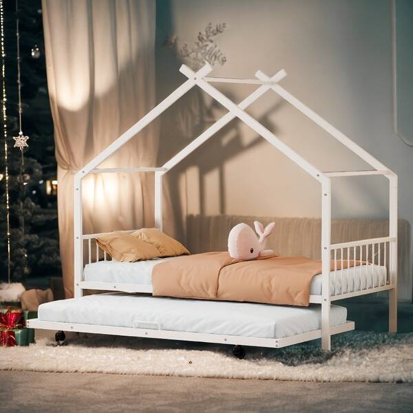 slide 2 of 16, Metal Adorable House Twin Size House Bed with Twin Size Trundle Bed White
