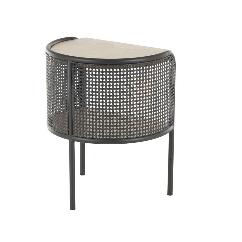 Light Brown Wooden Half-Moon Two- Toned 1 Shelf Side End Accent Table with Mesh Back Panel and Brown Wood Tabletop