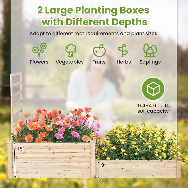 Gymax Raised Garden Bed w/ 2 Planter Boxes & Trellis Outdoor Wooden