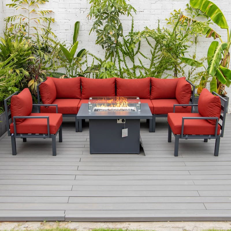Outdoor 7-Piece Patio Sectional Set Aluminum Frame W/ Fire Pit Table - Red