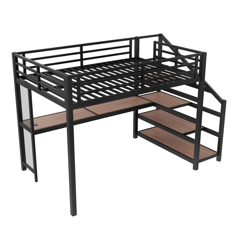 Full Loft Bed with Desk and Storage Stairs, Metal Loft Beds with LED Lights, USB Ports, Multifunctional Iron Nets