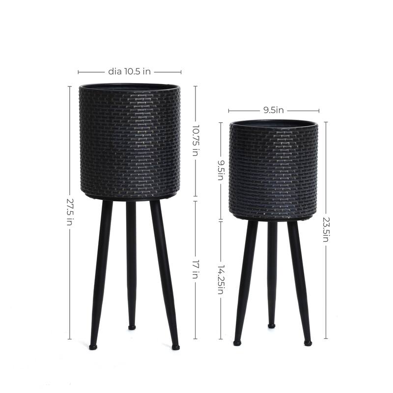 Set of 2 Black Dimpled Metal Cachepot Planters with Black Metal Legs