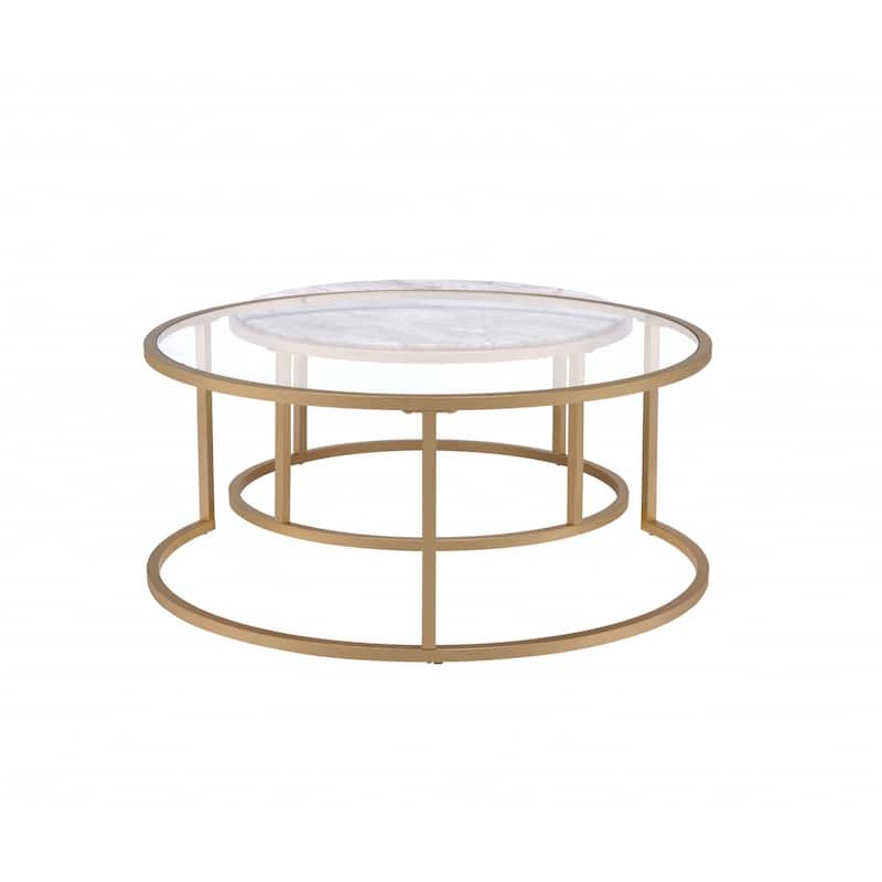 Set of 2 Round Nesting Coffee Tables Glass Faux Marble Gold Metal Frame - 36” x 36” x 16” - Gold-White
