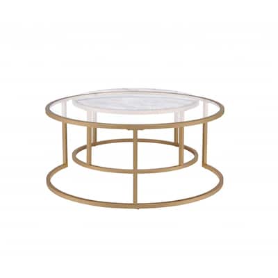 Set of 2 Round Nesting Coffee Tables Glass Faux Marble Gold Metal Frame - 36” x 36” x 16”